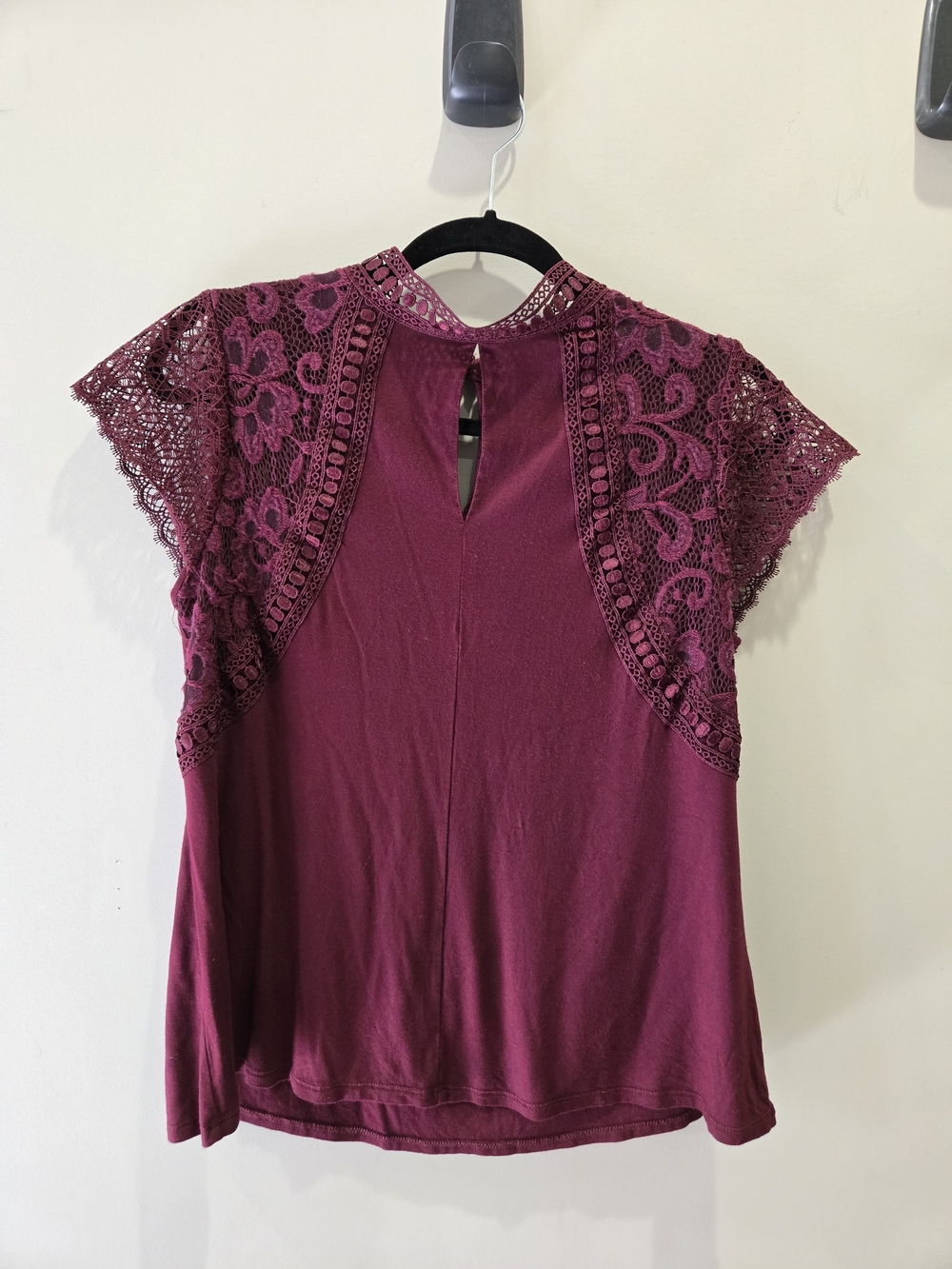 Belldini Lace Cap Sleeve Mock Neck Top - Burgundy